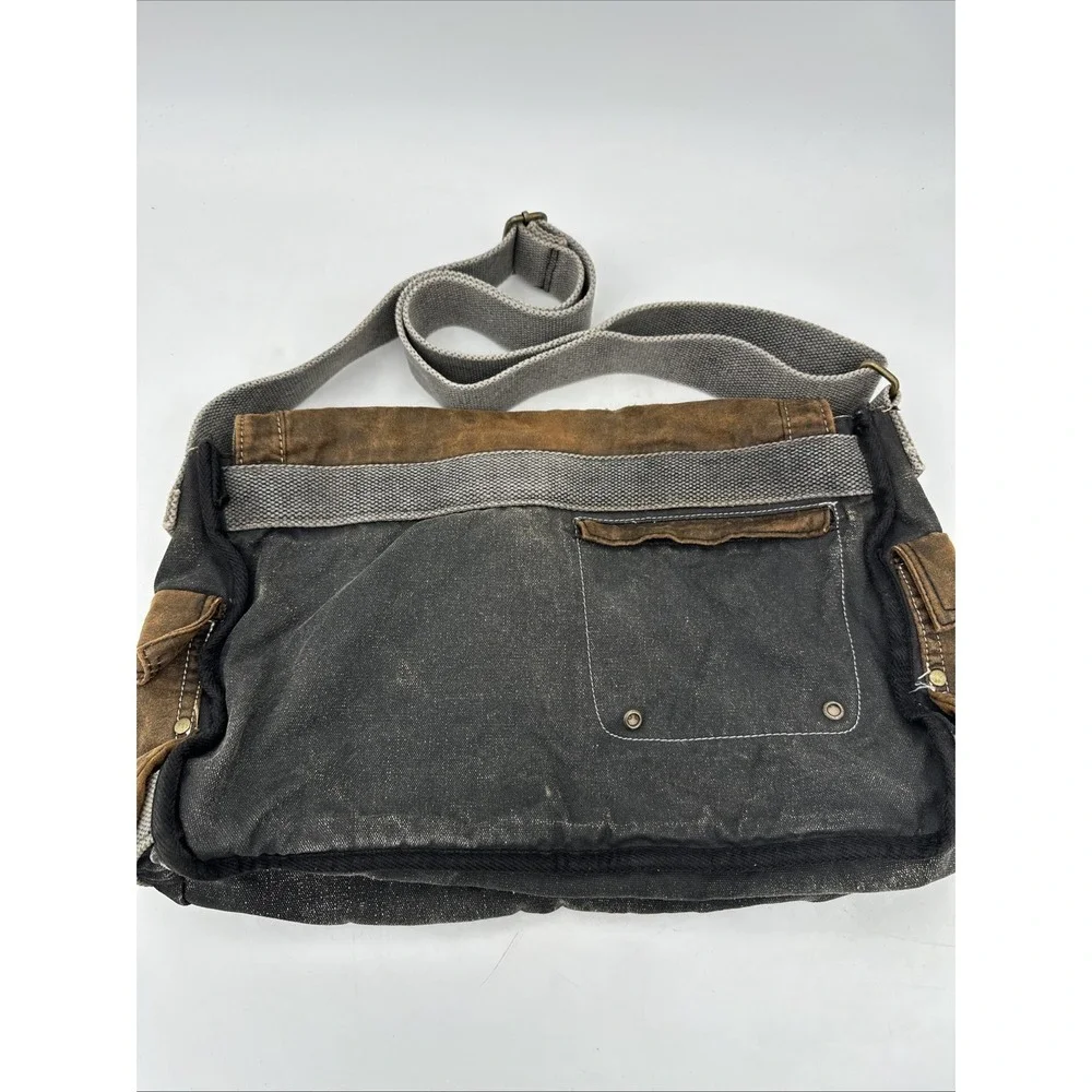 Bed Stu Hawkeye Messenger Bag Distressed Waxed Canvas Leather Brown Charcoal